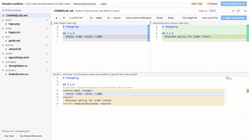 Resolving a pull request with 8 conflicting files: one click per conflict, the rest in one go, then commit to the source branch