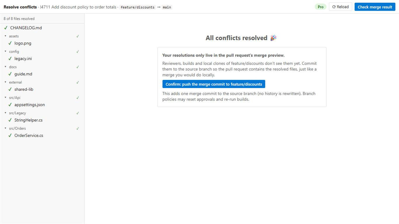 Commit the resolution to the source branch
