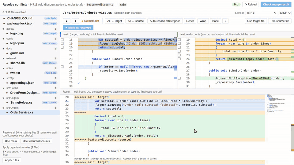 Picking lines with checkboxes, applying organization rules to the remaining files, then committing to the source branch
