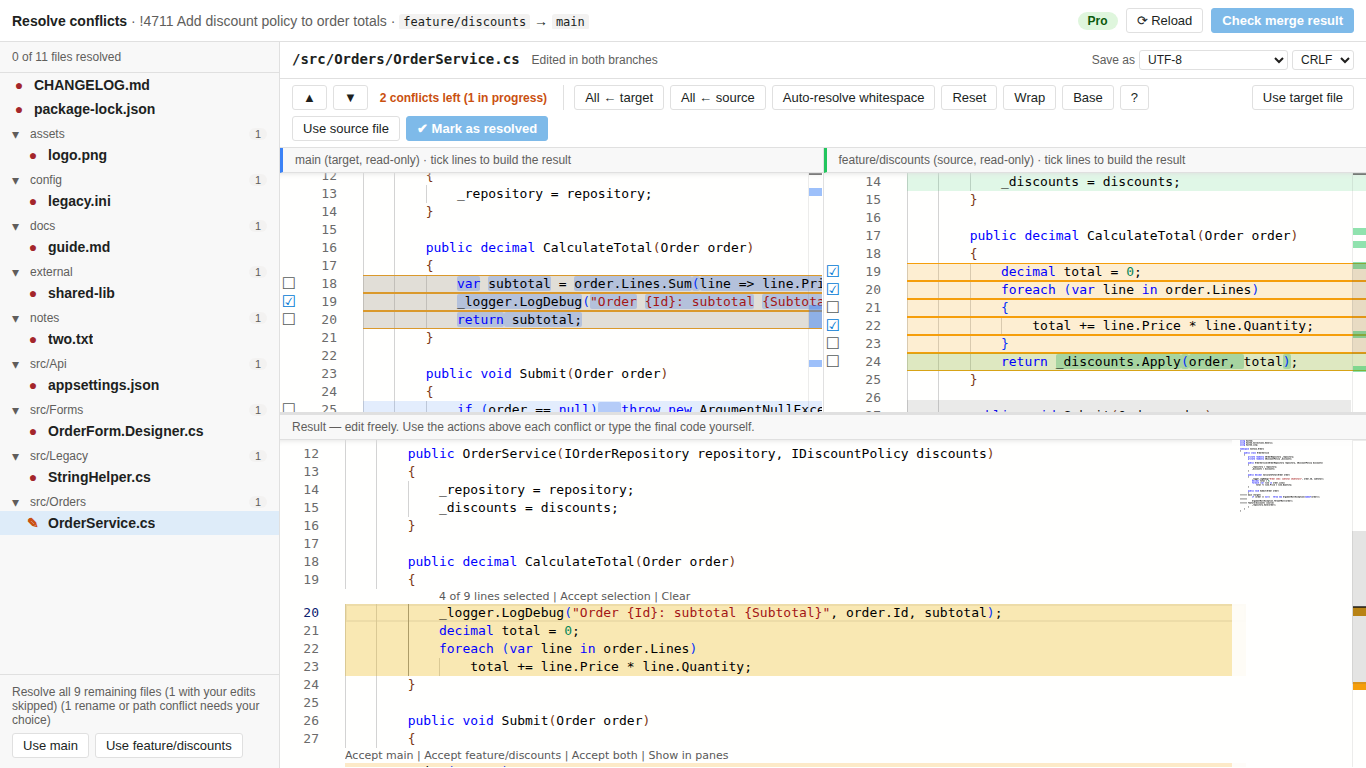 Lines ticked in the target and source panes, with the selection shown in the result