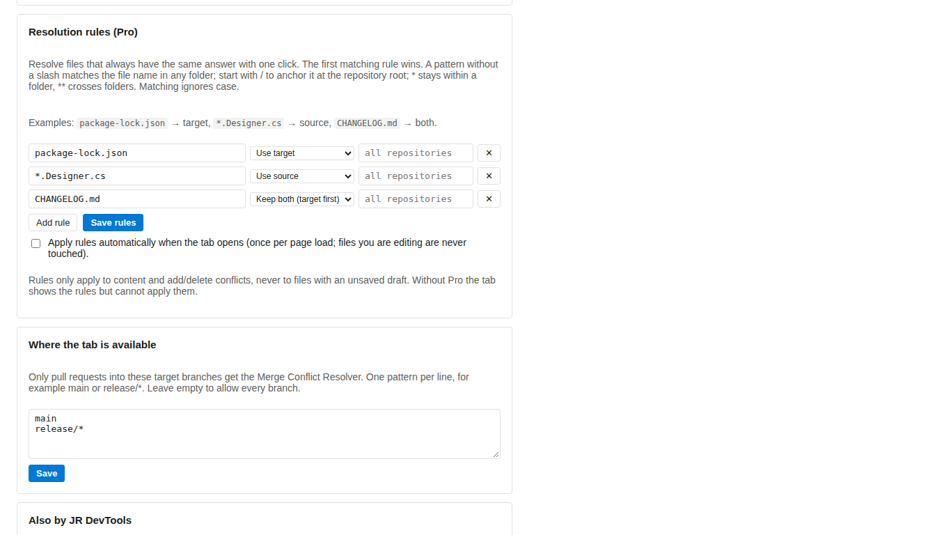 Resolution rules and target branches in the organization settings