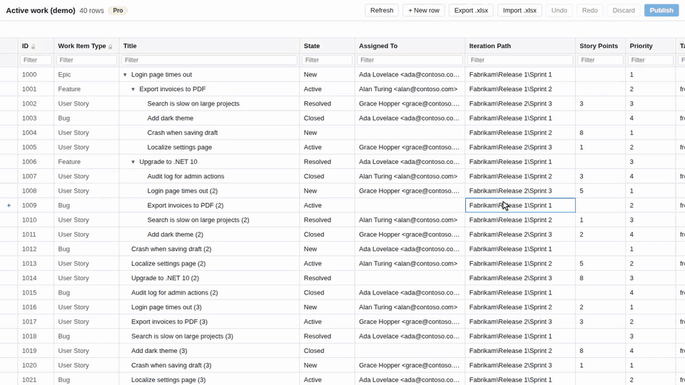 Editing cells with the keyboard, pasting a block from Excel, publishing, then merging two tags