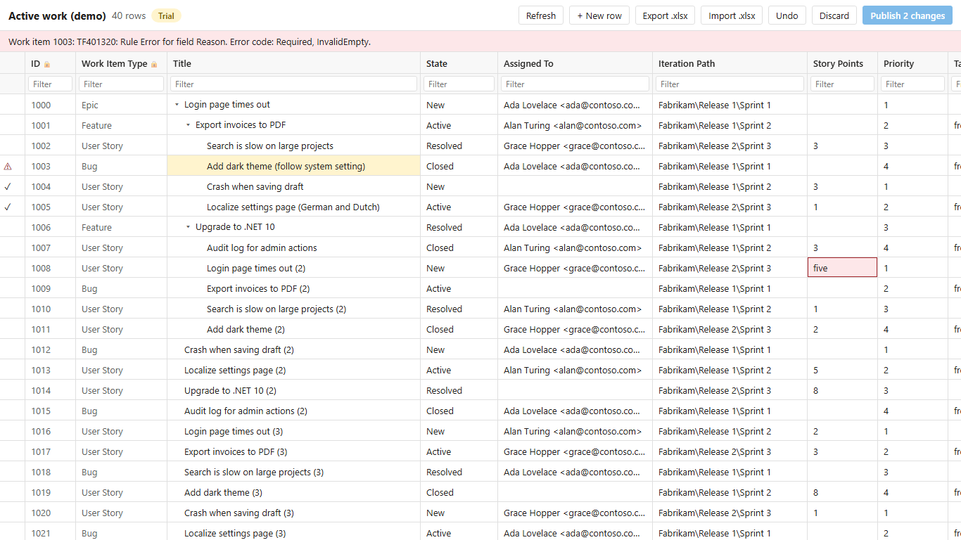 Errors are shown per row: a process rule and an invalid number