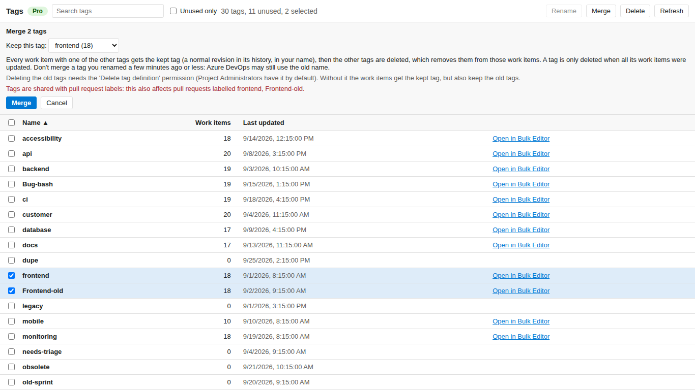 The Tags page with work item counts and two tags selected for a merge